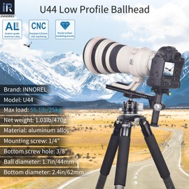 INNOREL 44mm Low Profile Camera Tripod Ball Head, CNC Metal Heavy Duty 360 Panoramic Tripod Head Compatible with Two Arca 1/4" Quick Release Plates for Tripod Monopod DSLR Camera Camcorder, 55lbs/25kg