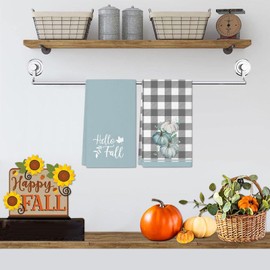 JOOCAR Blue Pumpkin Hello Fall Kitchen Towels Dish Towels Set of 2, 16x27 Inch Seasonal Autumn Drying Dishcloth, White and Grey Buffalo Plaid Decoration Hand Towels