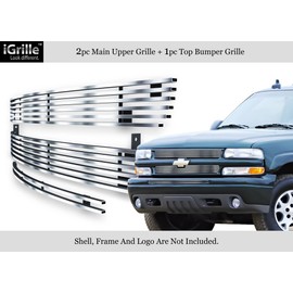 APS Compatible with 1999-2002 Chevy Silverado 1500 & 00-06 Suburban Tahoe Avalanche Stainless Steel Polished Chrome 8x6 Horizontal Billet Grille Insert Combo C81102S