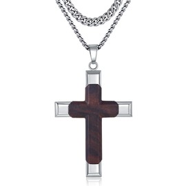 Corato Men's Wooden Cross Necklace with Natural Ebony Inlay, Durable 316 Stainless Steel, with Cuban Chain for Layering, Adjustable Size