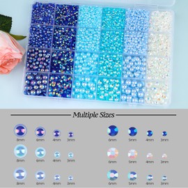 Flatback Pearls and Resin Rhinestones for Crafting, Blue 3-8mm Half Pearls and 3-6mm Jelly Rhinestones with Pickup Tools, Bedazzling Gems for DIY Crafts Nail Art (01-24 grids-Blue)