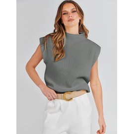 ANRABESS Women's Mock Neck Sleeveless Sweater Vest Casual Cap Sleeve Knit Pullover Tank Tops 2025 Fall Clothes Grey-M