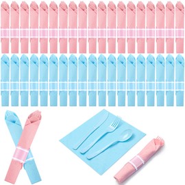 Lasnten 200 Pcs Baby Gender Reveal Party Supplies for 50 Guest Pre Rolled Plastic Silverware Set Include Pink and Blue Napkins Knives Spoons and Forks for Baby Shower Gender Reveal(Blue and Pink)