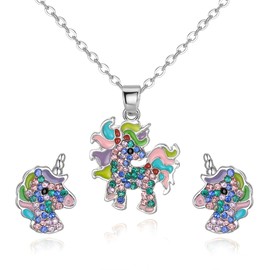 EVER FAITH Unicorn Jewellery Set for Girls Crystal Enamel Unicorn Pendant Necklaces and Stud Earrings Set Green Gold Tone, Crystal
