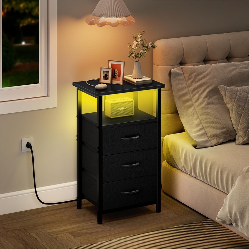 Vagusicc Night Stand Set 2 with Charging Station, LED Nightstand