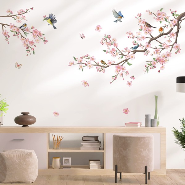 decalmile Flower Branch Wall Stickers Pink Blossom Floral Birds Wall Decals Kids Bedroom Living Room Window Wall Decor