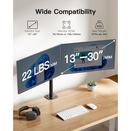 HUANUO Dual Monitor Mount for 2 Monitors up to 30 inches, Heavy Duty Dual Monitor Stand Holds up to 22 lbs, Dual Monitor Arm with Height Adjustable Tilt Swive Rotate, VESA Hole 75mm or 100mm