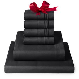 Mellanni Full Sheet Set - 6-Piece Iconic Collection Bedding, (Including 4 Pillowcases), 16-Inch Deep Pocket, Easy Care, Extra Soft, Cooling Sheets, Brushed Microfiber - Black