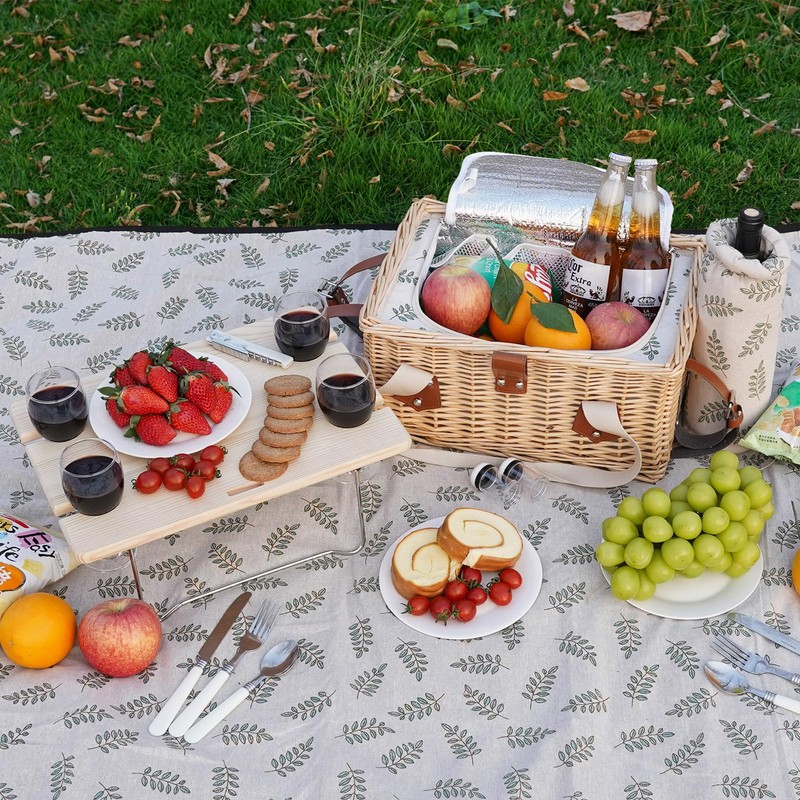 HappyPicnic Picnic Basket for 4, Handmade Wicker Picnic Set with