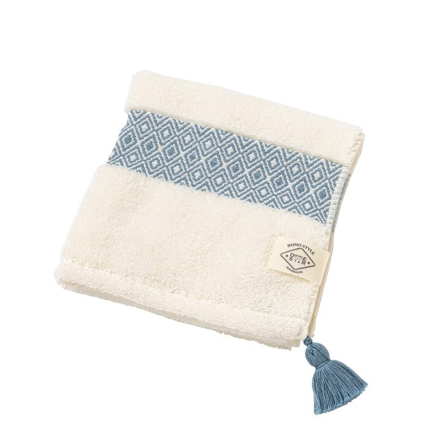 Kusuhashi Crest Woven Imabari Towel BOHO Border Wash Towel, Blue, 1-67488-51-B 13.4 x 13.8 inches (34 x 35 cm)