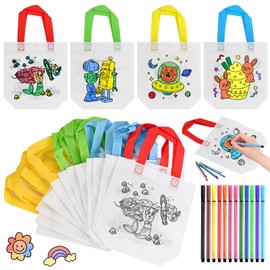 Goldge DIY Children's Fabric Bag Set, 10 pieces Carry Case and 12 Chalk Markers Colouring Pencils for Children, Nursery, DIY
