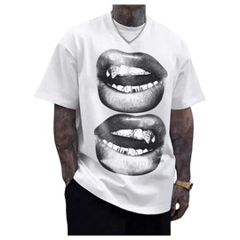 GORGLITTER Men's Lip Pattern Graphic Tees Loose Short Sleeve Crewneck T Shirts Streetwear Top White Large