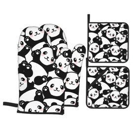 Cute Panda Oven Mitts and Pot Holders Set of 4, Oven Mittens and Potholders Heat Resistant Gloves for Kitchen Cooking Baking Grilling BBQ