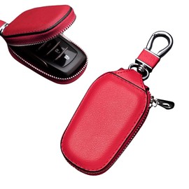 Yourkar Car Key Case, Genuine Leather Auto Key Fob Storage Bag, Key Chain Holder Key Ring Zipper Bag, Car Accessories (Red)