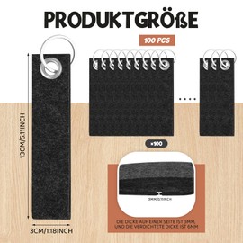 Nuenen Pack of 100 13 x 3 cm Colourful Felt Key Ring Blanks Key Rings with Pendant Made of Felt Lanyards for School Backpack Bag Purse Keys Crafts, darkgray