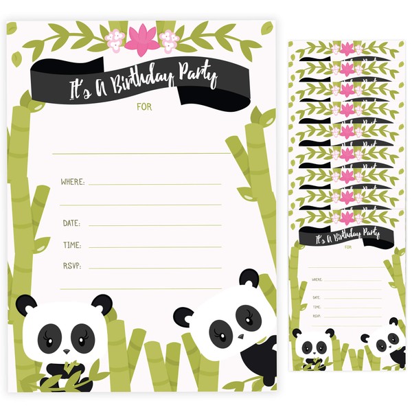 Panda Happy Birthday Invitations Invite Cards (10 Count) with Envelopes Boys Girls Kids Party (10ct)