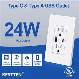 BESTTEN 24W USB Wall Outlet, 15 Amp Power Outlet with Type C & Type A Ports, 4.8A USB Receptacle with TR, Screwless Wallplate Included, Self-Grounding, UL Listed, 5 Pack, White