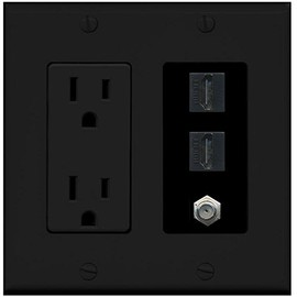 RiteAV - (2 Gang Decorative) 15A Power Outlet 2 HDMI Black Coax Black Wall Plate Black