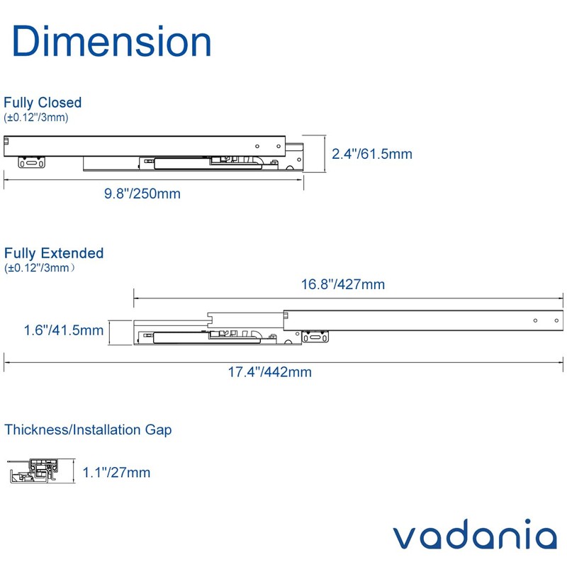 VADANIA 10" Undermount Drawer Slide, Push to Open, Bottom Mounted