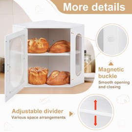 Sunhoo Bread Box for Kitchen Countertop Corner Bread Storage Wooden Breadbox Container 2 Layer Bread Holder Keeper Large Farmhouse Bread Bin Shelf for Homemade Pantry Vintage Acrylic Window (White)