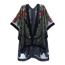 BohemyanRace Women's Coverups Burnt-out Velvet Cardigan Casual Outfit Long Cover Up Velvet Kimono (Peacock/Black)