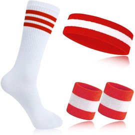Proxima Direct Sweatbands Set, Including 1 Sports Headband +2 Wrist Sweatbands +1 Striped Sock for Women Men Girls Boys,Sports Sweatband for Gym Workout Yoga Soccer Boxing Tennis (Red+White+Red)