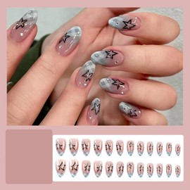 RIICFDD Almond Press on Nails Medium Fake Nails Light Pink False Nails with Design Grey White Plaid Glue on Nails Star Acrylic Nails Full Cover Stick on Nails Glossy Artificial Nails for Women 24 Pcs