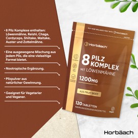 Pilz Komplex Kapseln 1200mg mit 8 Pilzsorten - Lions Mane, Cordyceps, Chaga, Shiitake, Reishi, Maitake, Shaggy Mane & Oyster | 120 Pulver Kapseln | Vegane | by Horbaach