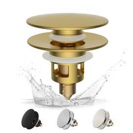 Hibbent Pop up Sink Plugs with Drain Strainer, Brass Bounce Core Push-Type Drain Plug, Sink Plug Suitable for 25mm to 46mm,Universal Sink Stopper Replacement for Bathroom,Brushed Gold
