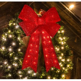 LAMPHOME Christmas Glitter Red Bow，Lighted Large Christmas Bows Wreath Decoration,Christmas Tree Topper Decorative Bow for Indoor Outdoor Christmas Parties Decorations (32IN 72LED)