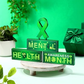 Lineshading 4 Pcs Mental Health Awareness Centerpieces Mental Health Awareness Month Wooden Centerpieces Decorations Green Ribbon Faith Courage Hope Festival Tabletop Ornaments for Office Home Tabletop Gift Decor