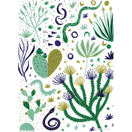 Blue and Green Desert Abstract "Spring Thaw" Decorative Paper for Giftwrap or Art Projects - Six Flat Folded Sheets 19.5x27 Inches, Birthday Wrapping Paper with Cactus and Snakes