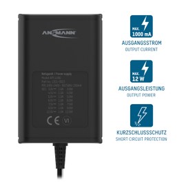 ANSMANN APS 1000 Universal Plug Power Supply 12 V with 7 Different Adaptors Plug - Mains Plug up to max. 1000 mA - Power Adapter for Power Supply of Many Small Electric Devices Adjustable from 3 to 12 Volt