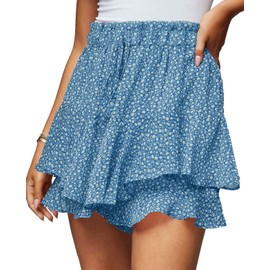 EGOCKAL - Falda corta de verano con volantes para mujer, con cintura alta, elástica, con capas, estilo bohemio, mini falda, Azul, Small