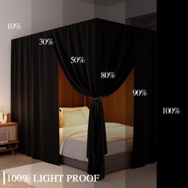 CFFNCH Black Canopy Bed Curtains - 4 Corner Post Bed Curtains Queen Lightproof Drapes Bed Canopy Curtains with Tie Backs for Adults & Girls Bedroom Decoration(Black,Queen)
