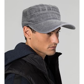 Initlove Cadet Army Cap for Men Unisex Washed Military Flat Top Hat Grey