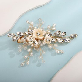 Rumtock Pearl and Flower Gold Hair Clip for Wedding Brides Bridesmaid Flower Girls Handmade Hair Piece (Gold)