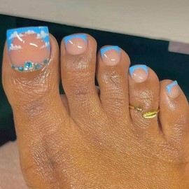 BAOYAALIN Press on Toenails Short Square French Tips Blue Rhinestones Fake Toe Nails Acrylic False Artificial Glue on Toenails Summer Stick on Toe Nails for Women 24Pcs in 12 Sizes