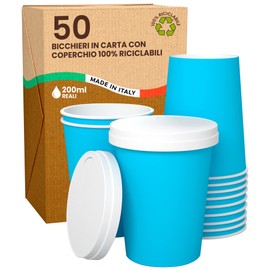 50 Blue Paper Coffee Cups 200ml with Paper Lids Hot and Cold Drinks Eco Friendly Biodegradable Disposable Cups + 50 Paper Lids with Spout