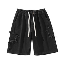 FDKLOOK Womens Black Jorts Star Patchwork Wide Leg High Waisted Drawstring Y2k Vintage Baggy Denim Shorts XXL