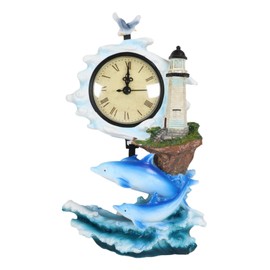 Ebros Gift Blue Nautical Marine Ocean Bottlenose Dolphins Family Near Lighthouse Swimming Over Current Waves Table Clock Under The Sea Life Desktop Clocks Figurine