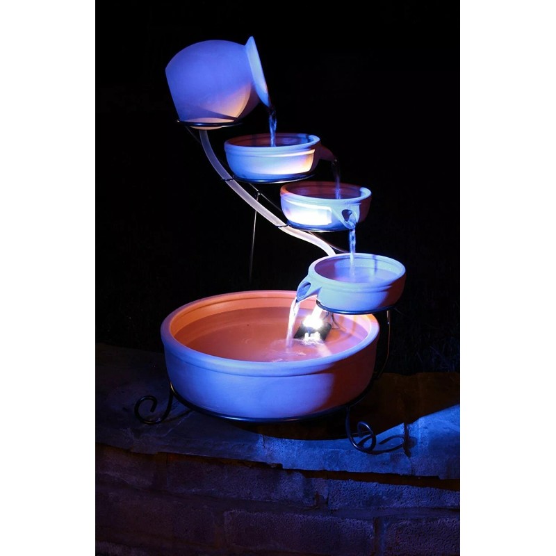 ASC Cascade Ceramic Solar Water Fountain w/ Battery/Timer LED Lights