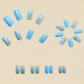 24PCS Flower Press on Nails Almond Short Fake Nails Bule Glitter French Tip Glue Acrylic Nails Full Cover Spring Summer False Nails Floral Designs Nails Art Decoration for Women