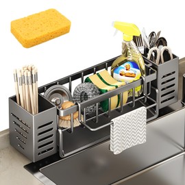 VAIGU:OA Sink Organiser - Sink Organiser with Dish Cloth Holder and Storage Box, Sink & Sink Organiser Slim with Automatic Drain Pan, Free Sponge Cloth Kitchen Upgrade (Grey