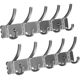PELLUM 2-Pack Coat Rack Wall Mounted - 5 Double Hooks, Heavy Duty Aluminum, Hat and Coat Wall Mount Rack, Metal Coat Hook Rail for Coat Hat Towel Purse Keys Robes Mudroom Bathroom (2 Packs, Gray)