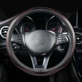 KAFEEK High-Grade Cowhide Steering Wheel Cover, Genuine Leather Car Steering Wheel Cover Men Women, Universal 14.5-15 inch, Black