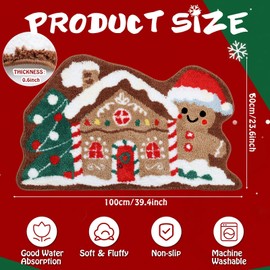 EYNDYN Christmas Gingerbread House Bath Rug Soft Tufted Absorbent Bath Mat Gingerbread Man Christmas Tree Shaped Decorative Non-Slip Rug for Bathroom Front Door Living Room Holiday Decor
