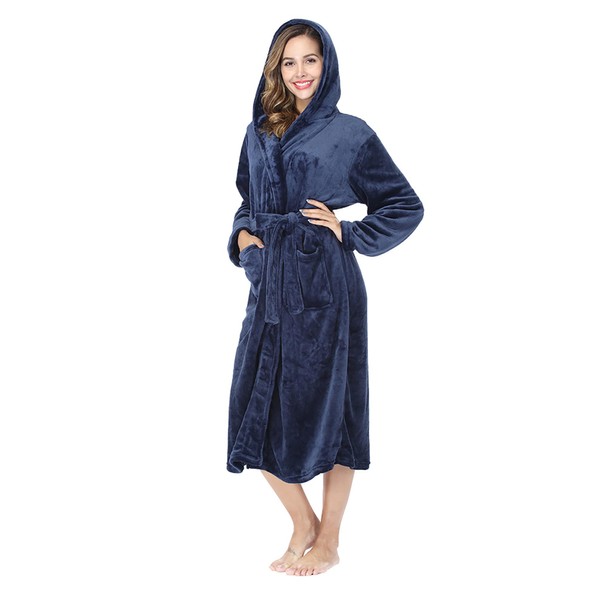 RONGTAI Womens Long Robes Plush Fleece Nightgown Thick Hooded Bathrobe
