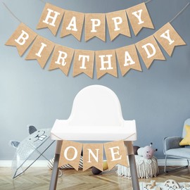 Tudomro Decoración de la Primera Fiesta de Cumpleaños Banderillas para Primer Cumpleaños Banner Rústico de Arpillera de One Happy Birthday para Bebé Niños Cumpleaños Guardería, Alfabeto Blanco