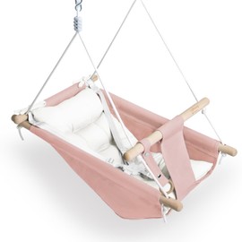 Canvas Baby Swing for Infants to Toddlers,Indoor Outdoor Wooden Hanging Swing Seat with Safety Belt and Mounting Hardware, Suitable for Ages Up to 3,Pink